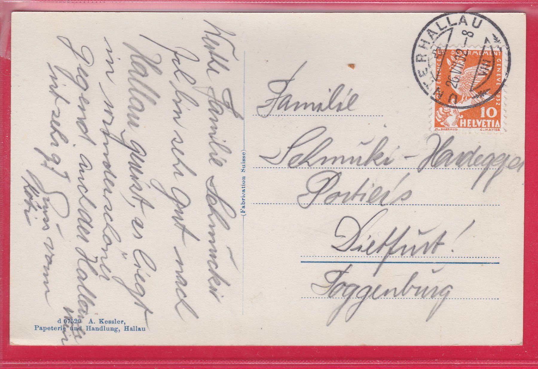Cartoline postali: HALLAU, 26.7.1932 – Usato da Oberrieden venduto da Gebirgsstelze 1