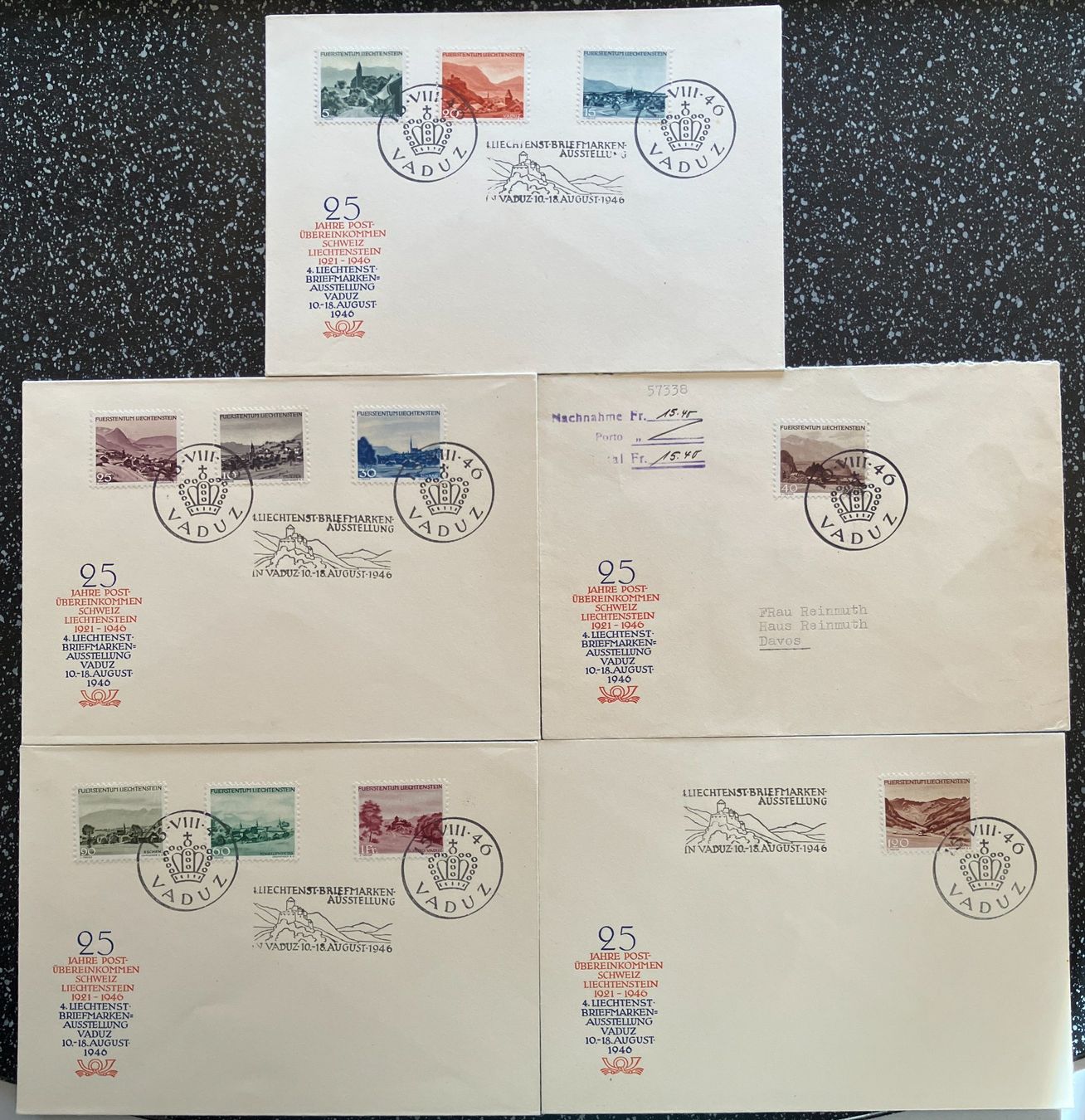 Alle Briefmarken: Liechtenstein 1946: 5 Briefe Landschaften – Gebraucht aus Eschlikon TG von PhilCon
