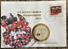 Eishockey WM 2013 Gedenkmünze mit Briefmarke Schweiz