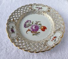 Porzellan Durchbruchteller Gold Prunkteller MEISSEN Blumen