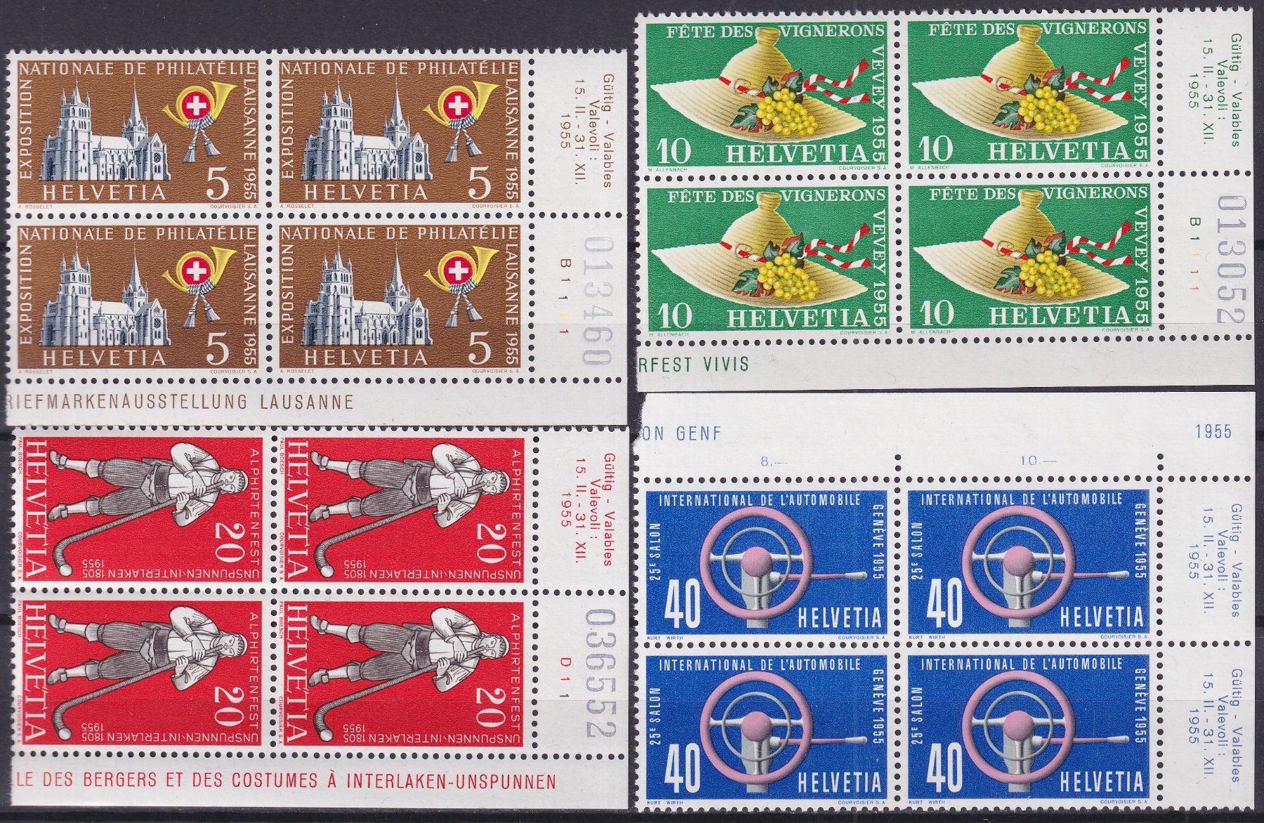 Tutti i francobolli: 1955, Nr.320-323 Viererblöcke mit Rand postfrisch, Kat: 50.- – Usato da Sursee venduto da Luzernerraute