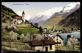 AK Flüelen, Teilansicht mit Kirchen im Frühling