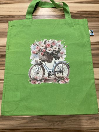 Tasche Stoff grün Fahrrad Blumen Motiv Fairtrade Neu