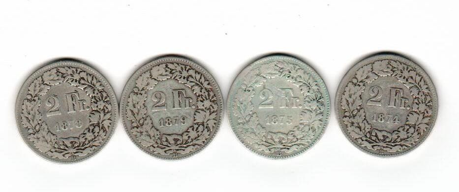 Tutti le monete: 4 x 2 Fr. /1874 - 1875 - 1878 - 1879 – Usato da Wolhusen venduto da Curver9