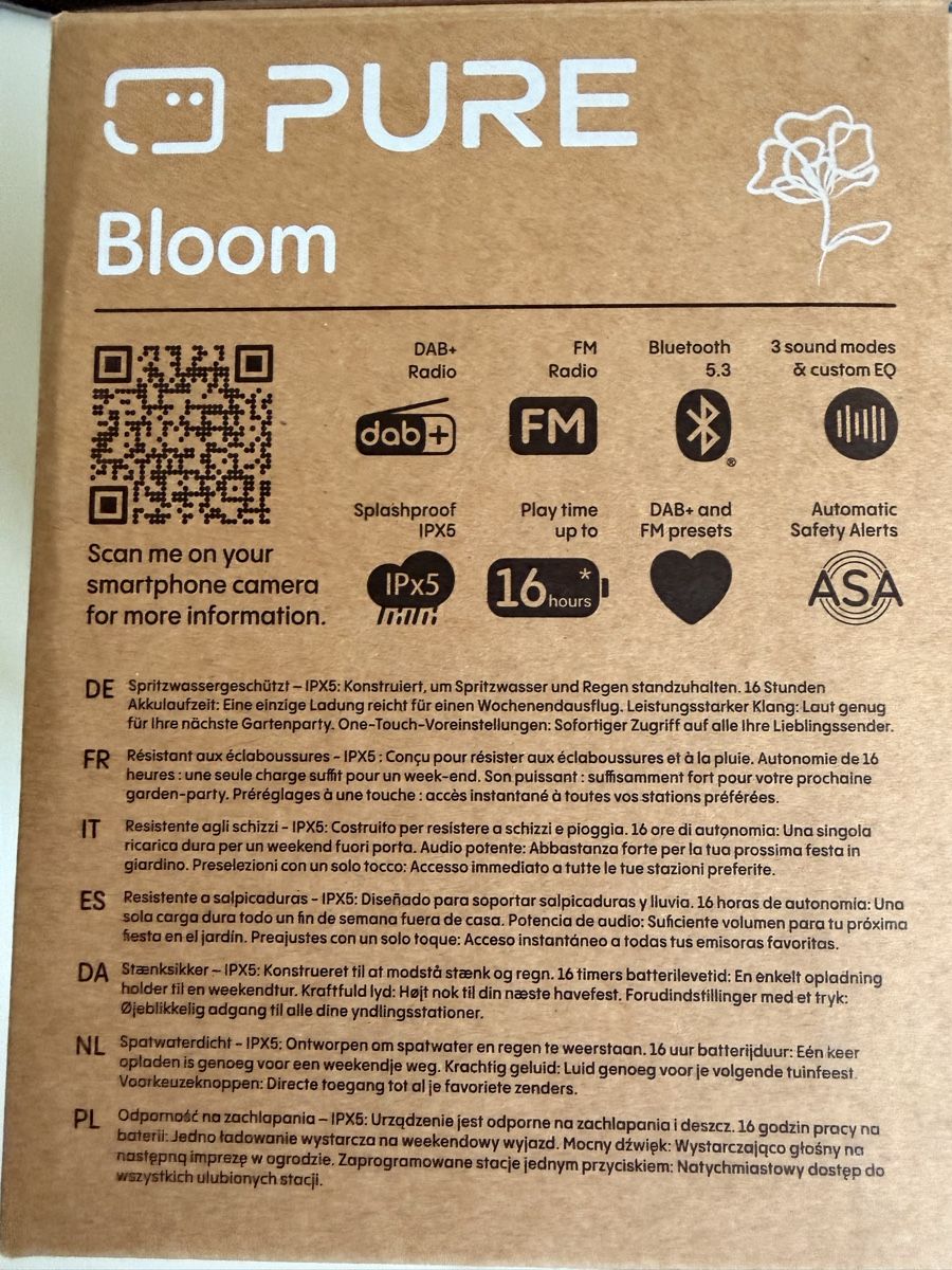 Radio: Pure Bloom DAB+ Radio, Bluetooth, spritzwasserdicht – Nuovo e nell'imballaggio originale da Eschenbach LU venduto da Syrah3 2