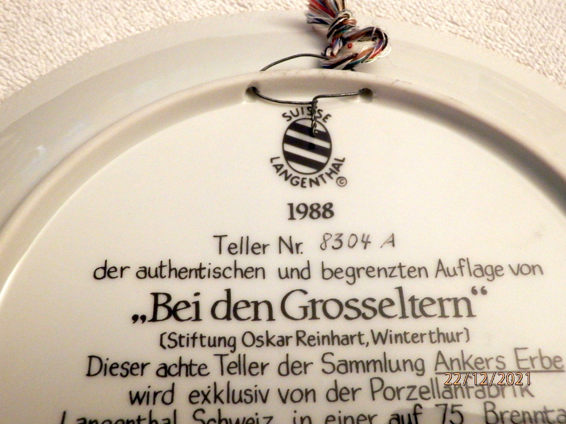 Teller: Albert Anker, Wandteller, Auflage limit. – Neu (gemäss Beschreibung) aus Ueberstorf von dinbau 2