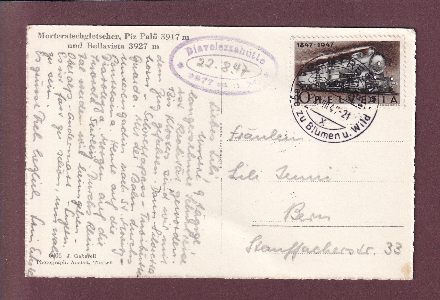 Cartoline postali: MORTERATSCHGLETSCHER - Piz Palü - 1947 – Usato da Pully venduto da nicecards 1
