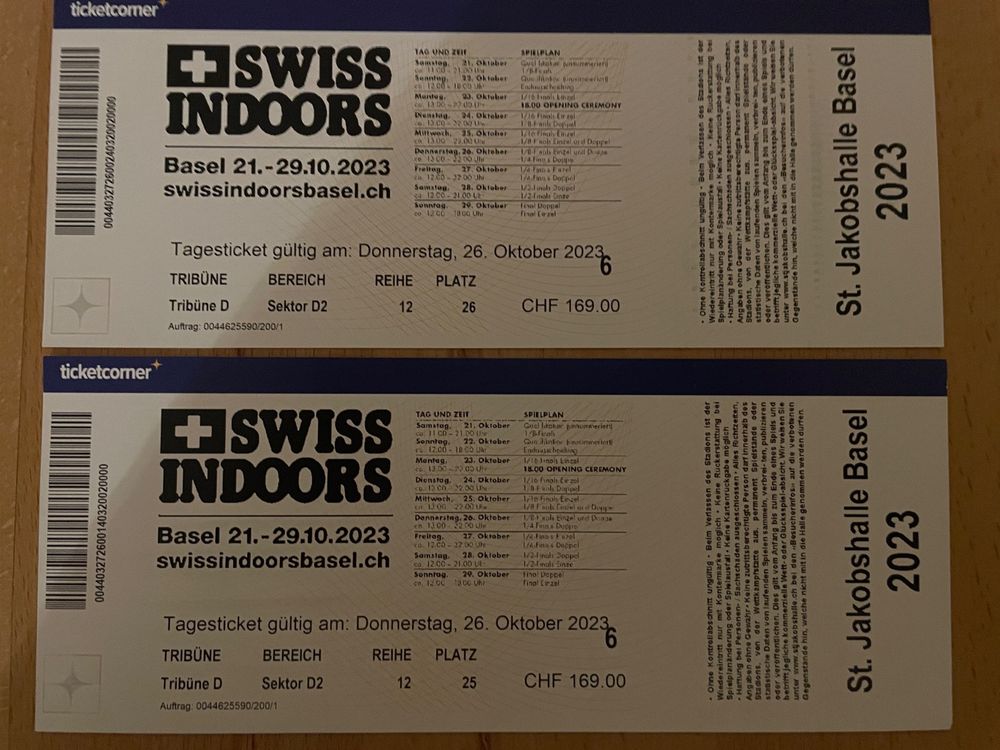 Tickets SWISS INDOORS Kaufen auf Ricardo