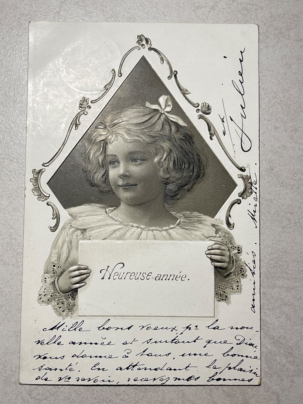 Cartoline postali: Alte Postkarte "Heureuse Annee" mit Mädchen, 1902 – Usato da Strengelbach venduto da Aschatan5