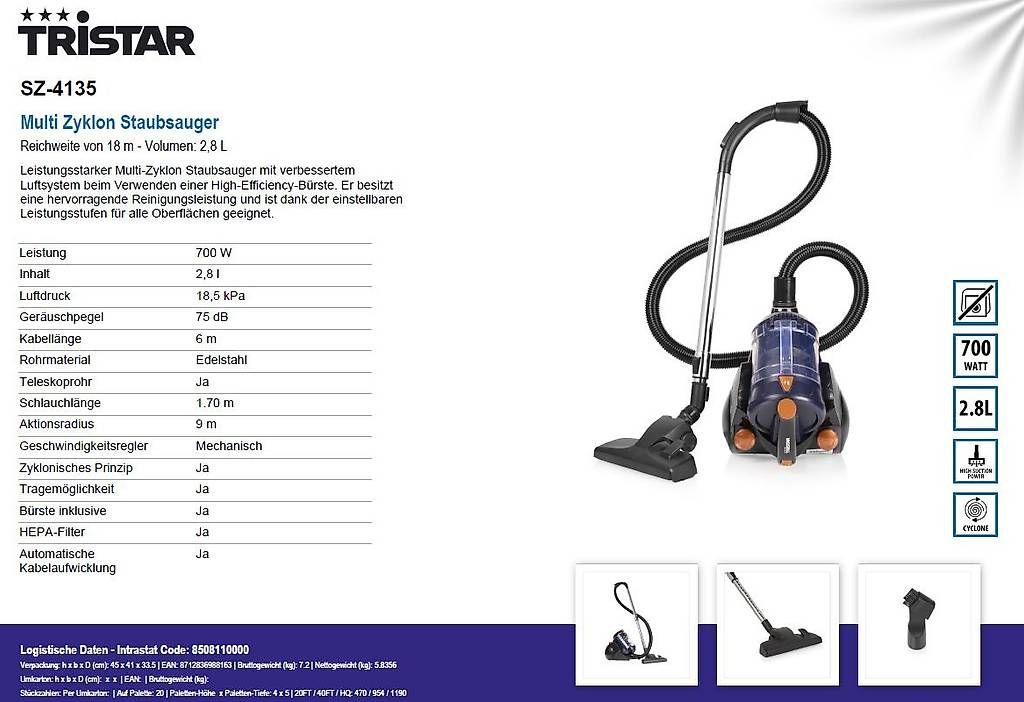 Aspirapolveri & Accessori: TRISTAR Multi Zyklon Staubsauger - SZ-4135 – Nuovo e nell'imballaggio originale da Opfikon venduto da Trodat5430
