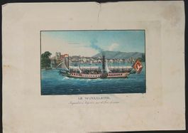 Genève Dampfschiff altkolorierter Aquatinta