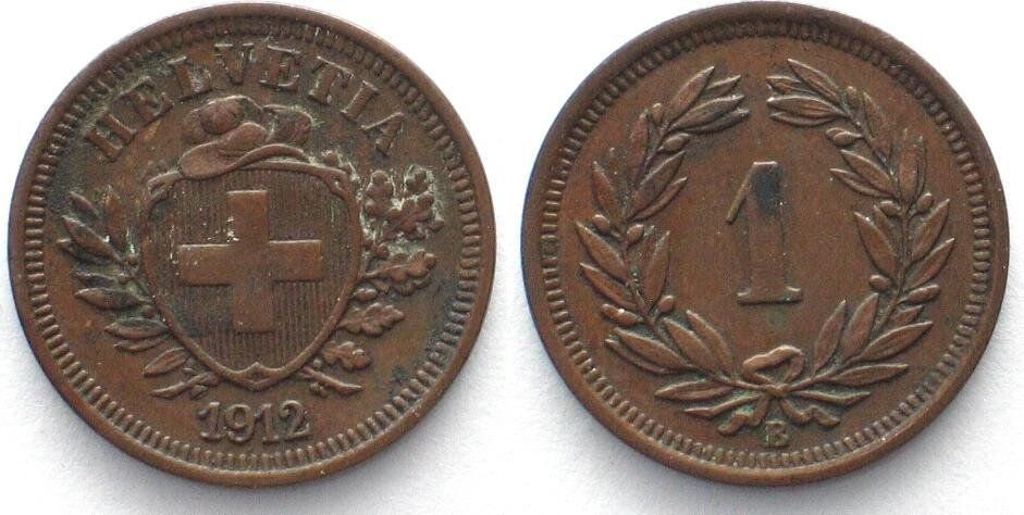 Tutti le monete: Schweiz EIDGENOSSENSCHAFT 1 Rappen 1912 Bronze vz+ – Usato da Riehen venduto da sesambestcoins2004