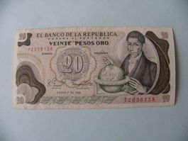 Kolumbien 20 Pesos Oro Banknote, 1982, Top Zustand!