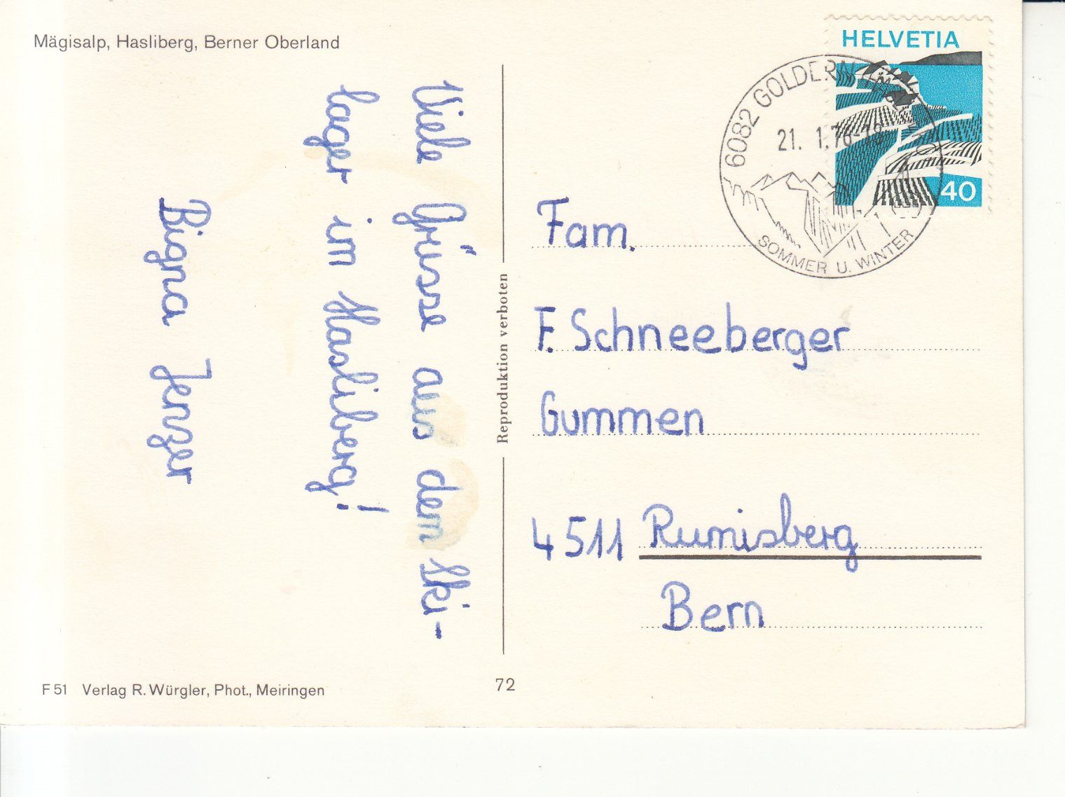 Cartoline postali: Mägisalp 1976 – Usato da Bürglen TG venduto da StampGraf 1