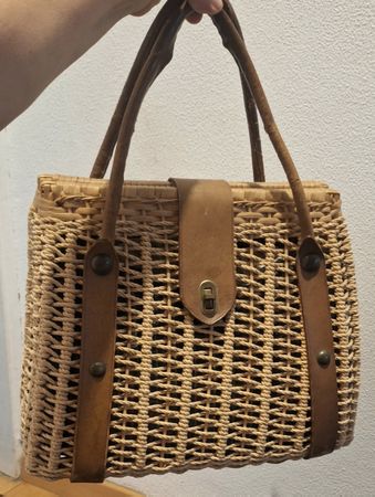 Vintage Korb geflochten Handtasche mit Lederdetails -