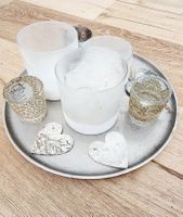 Windlicht-Set auf Silber-Tablett – Shabby Chic / Landhaus