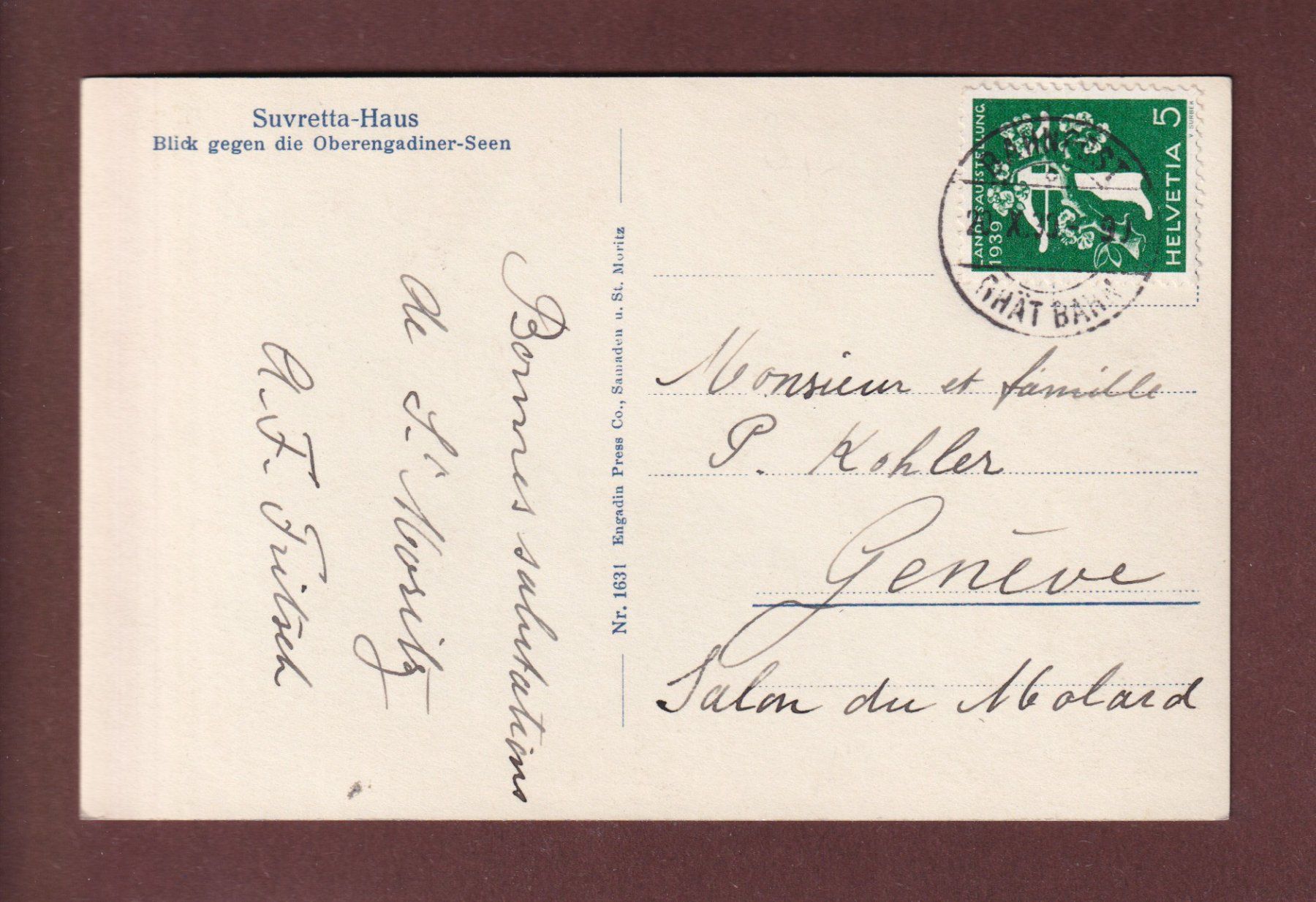 Ansichtskarten: SUVRETTA-HAUS - 1939 – Gebraucht aus Pully von nicecards-shop 1