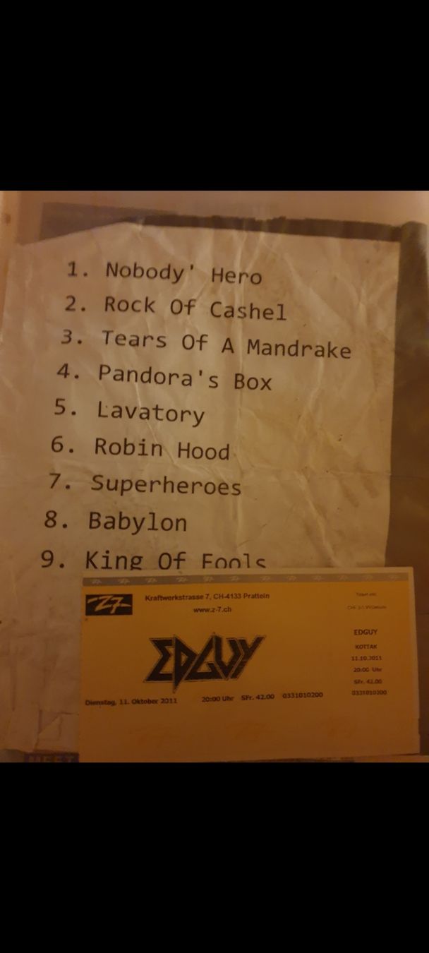 Tickets: Edguy Setlist Z7 Pratteln 11.10.2011 + Ticket – Gebraucht aus Winterthur von fab_xwh7