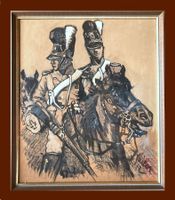 🌟Kohle-Zeichnung 1912 sig. Arme Soldat Pferd Militär Bild🌟