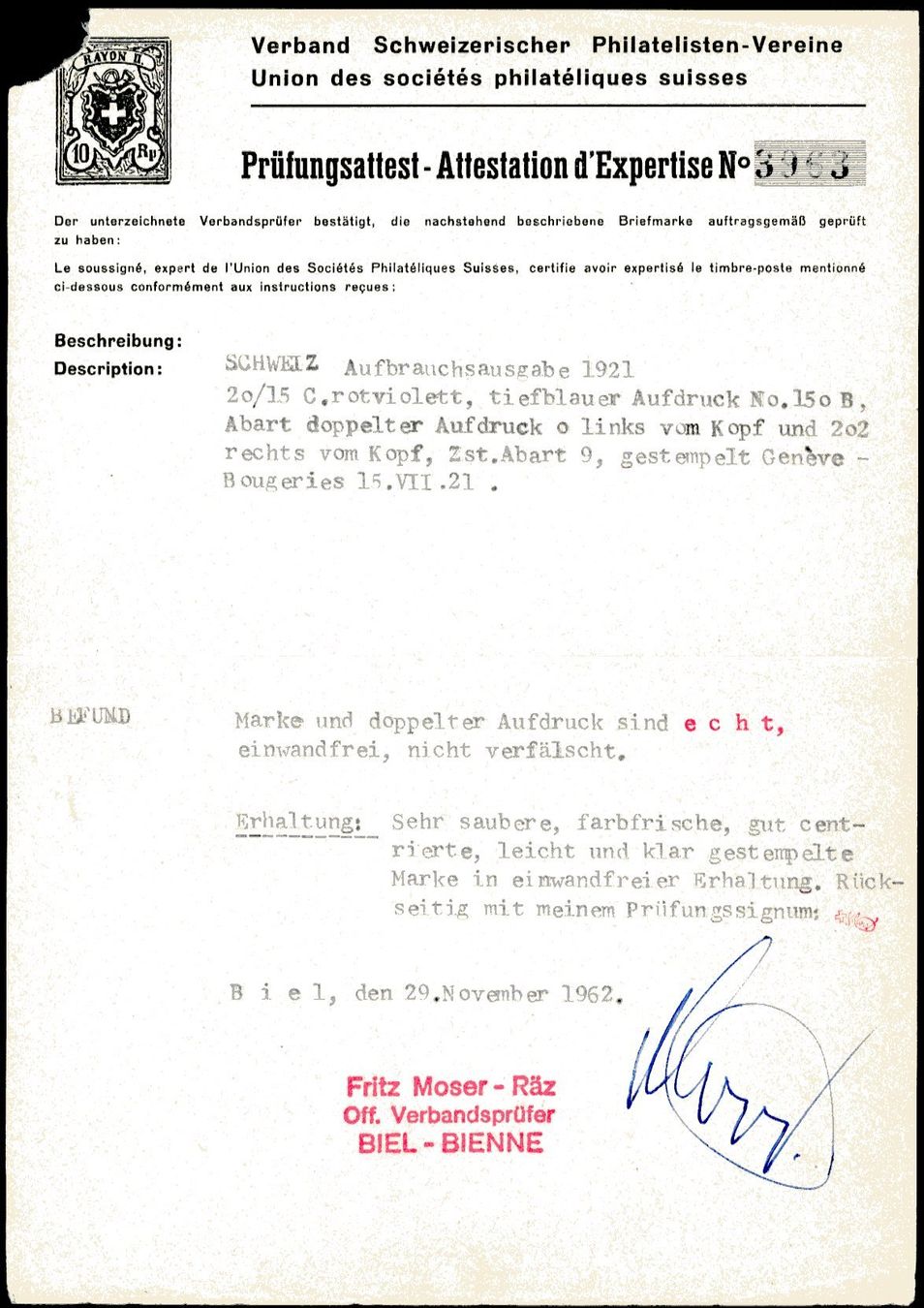 Tutti i francobolli: 1921 - Tellbrustbild - Abart - gestempelt – Usato da Schindellegi venduto da leecollect 2