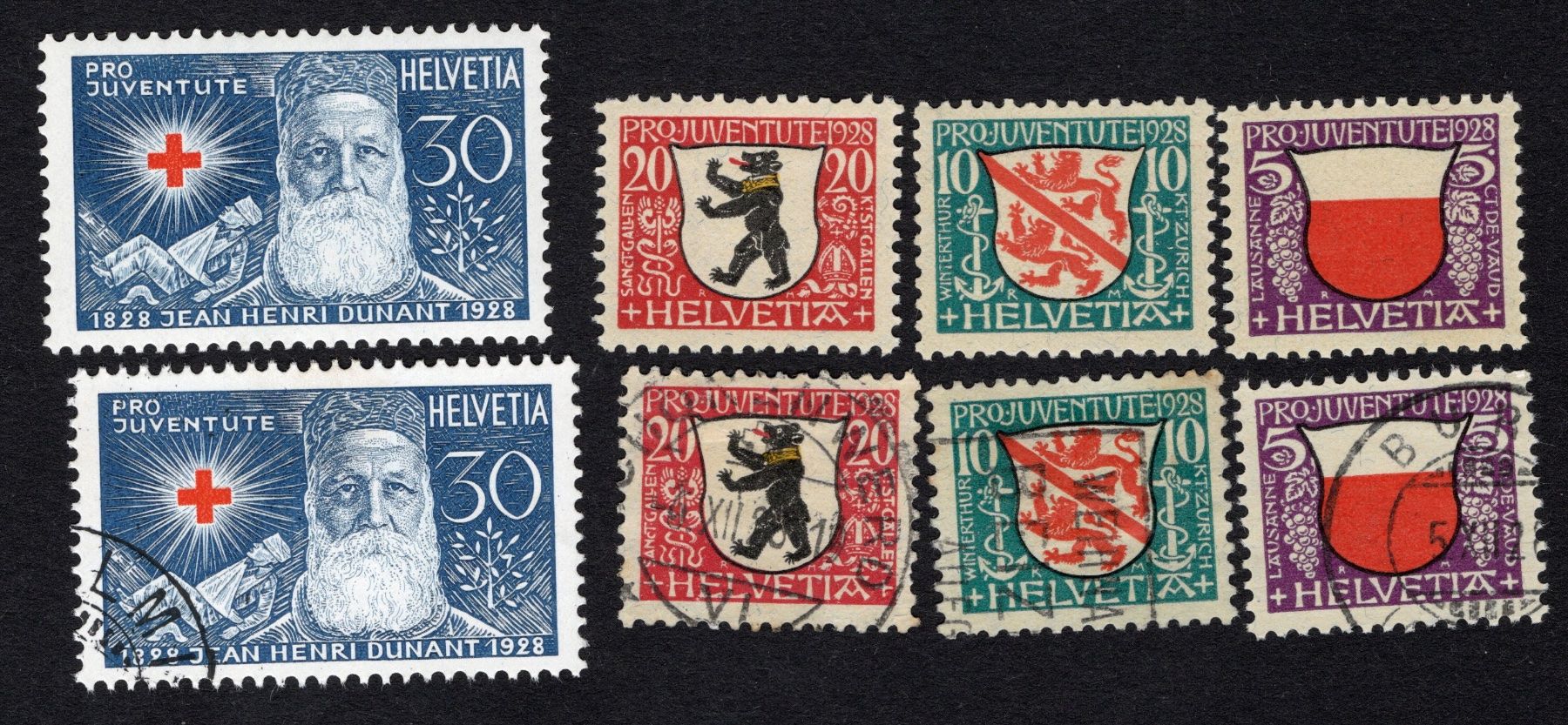 Tutti i francobolli: 44b PJ 1928 Stemmi  e Dunant**/timb. – Usato da Breganzona venduto da dede46