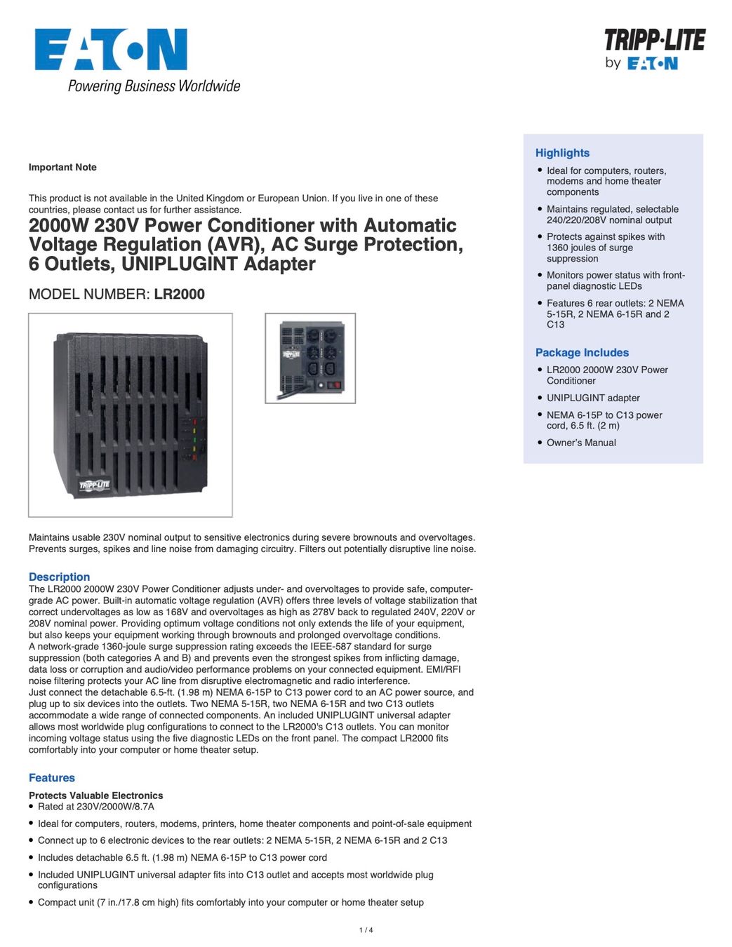 Eaton Stromzufuhr: TRIPP LITE LR-2000 STROMNETZFILTER – Neu (gemäss Beschreibung) aus Obfelden von Blaustahl 3