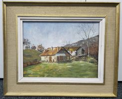 Peinture à l'huile encadrée, paysage champêtre provençal