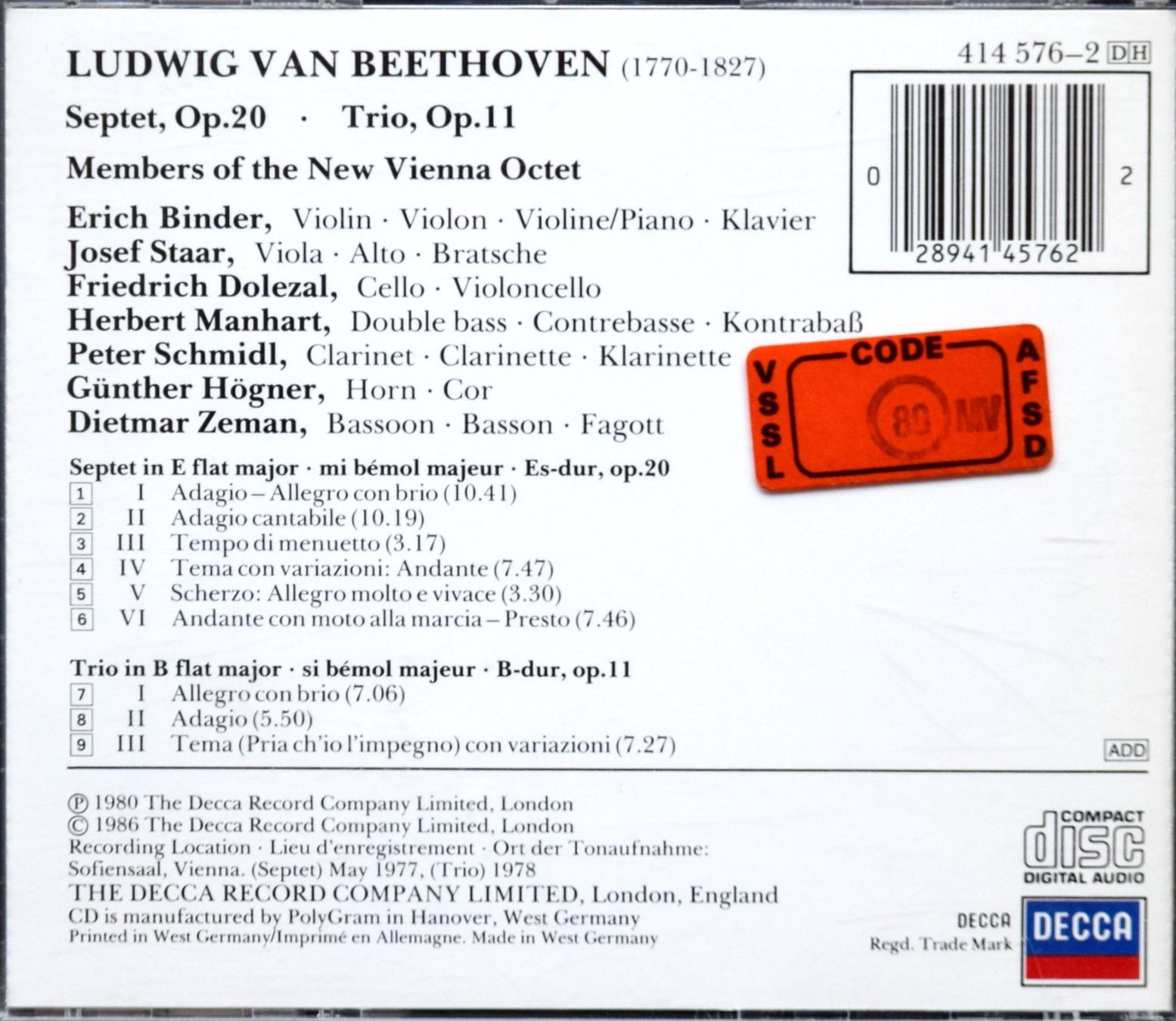 CD: Beethoven Septet Op. 20 Trio Op. 11 - CD – Usato da Niederhelfenschwil venduto da Rol9527 1