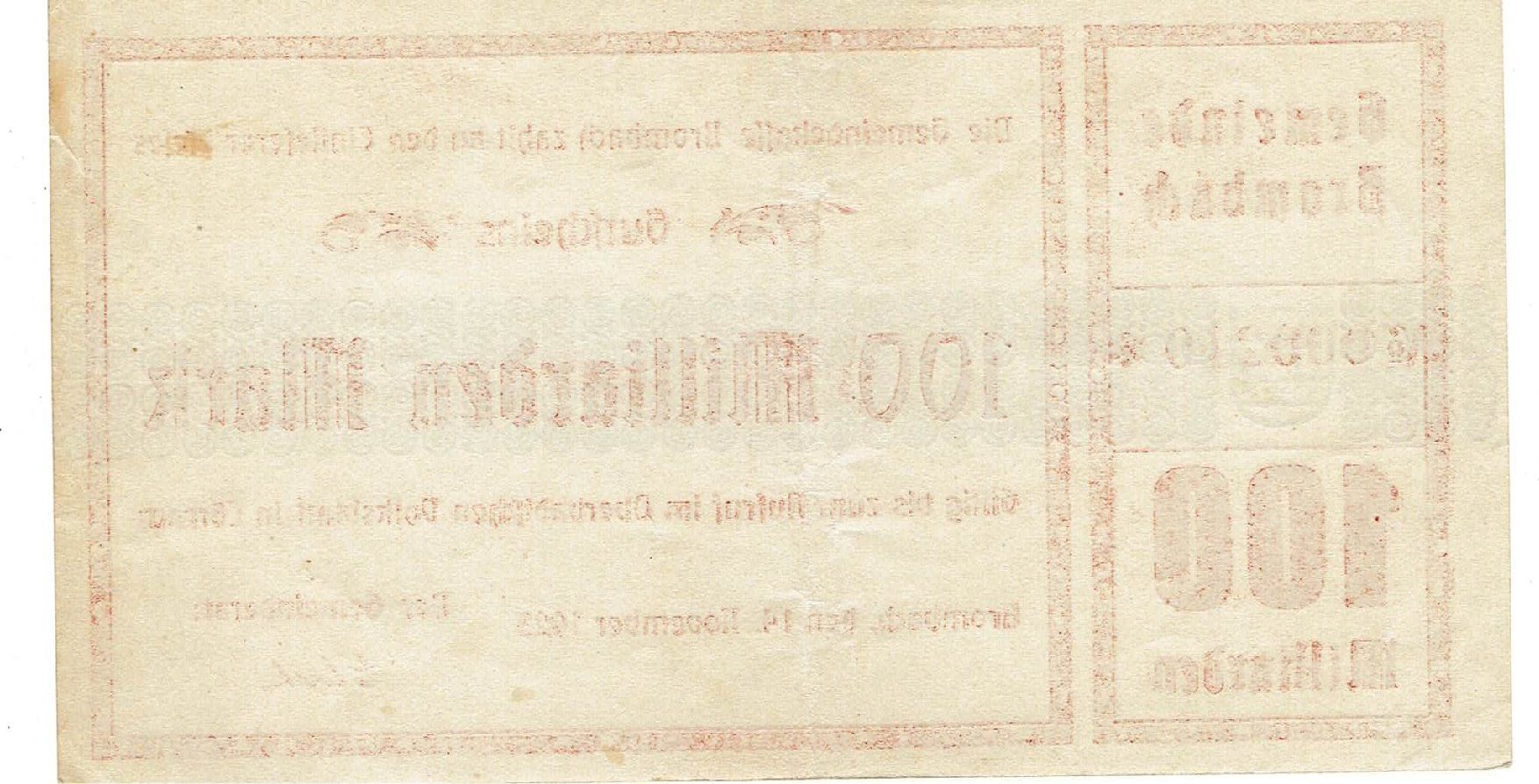 Banconote: Brombach 100 Mrd.Mark 14.11.1923 VZ-VZ++ – Usato da Steffisburg venduto da ber_8htf 1