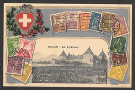 Rolle Le Château Prägekarte mit Wappen und Briefmarken