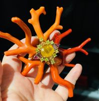 Fine Art Natural Coral & Gemstones 18k Gold Brooch & Pendant