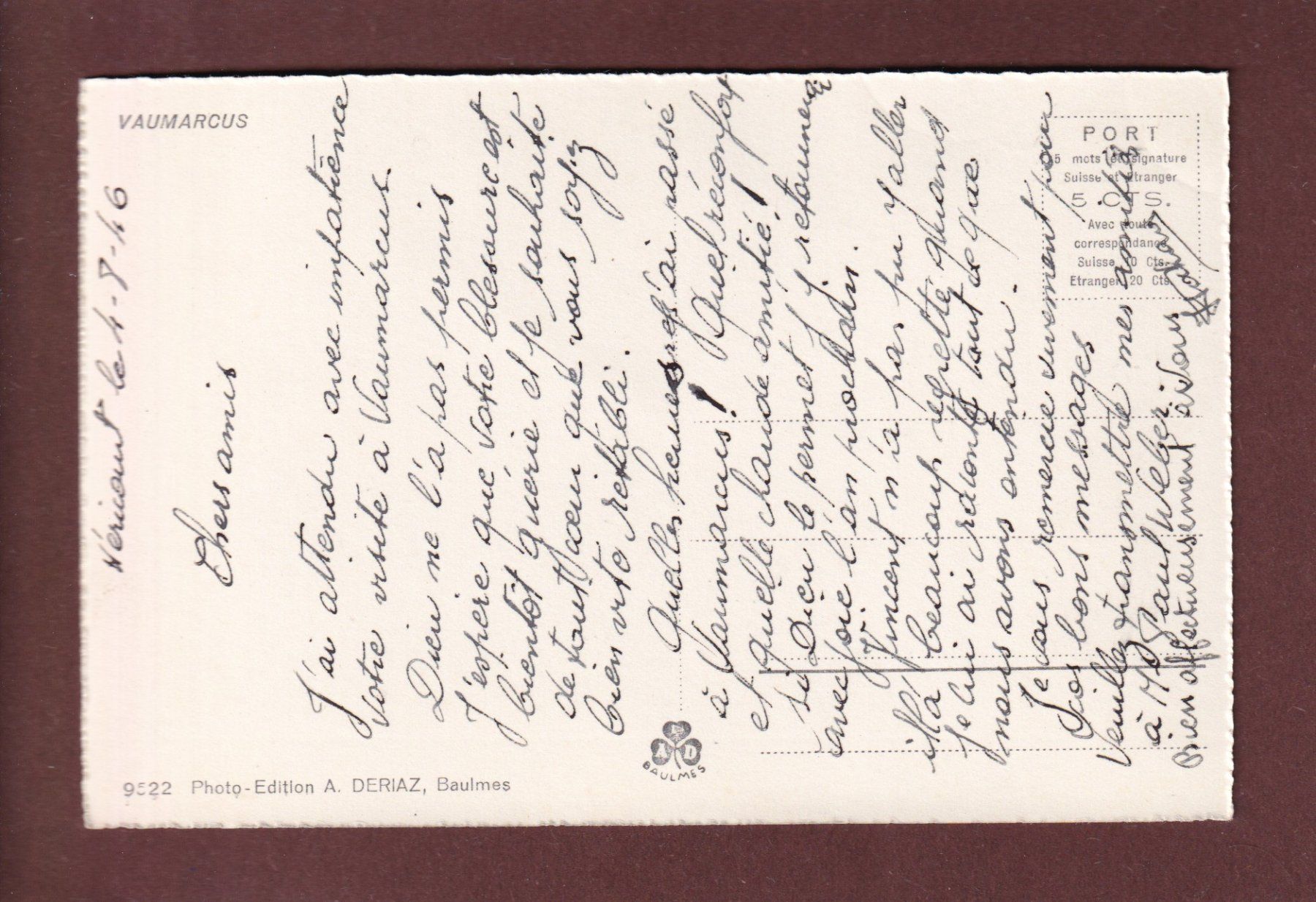 Cartoline postali: VAUMARCUS - 1946 – Usato da Pully venduto da nicecards 1