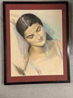 Dessin pastel David Burnand 1934 portrait femme encadré