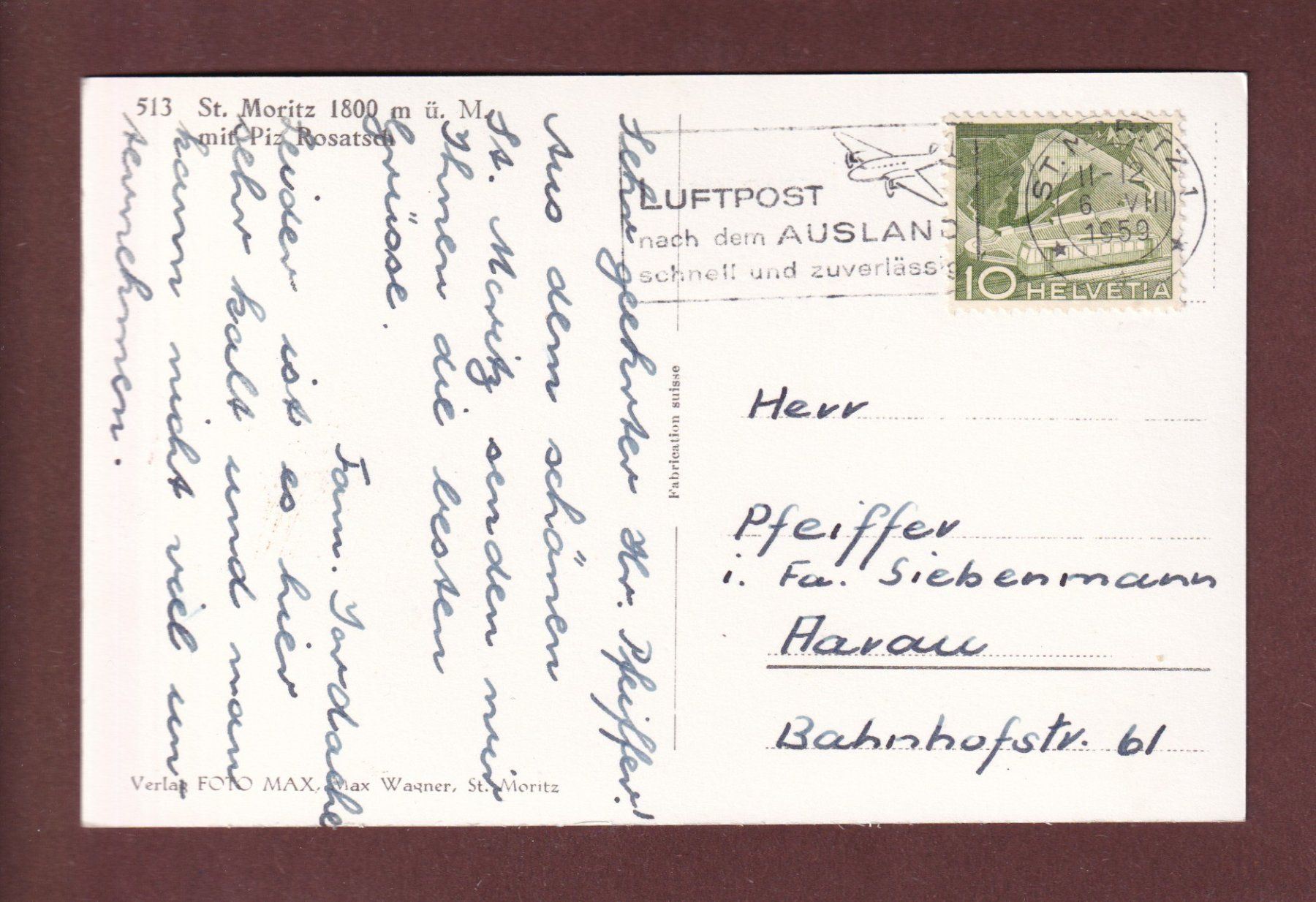Cartoline postali: ST. MORITZ - Piz Rosatsch - 1959 – Usato da Pully venduto da nicecards-shop 1