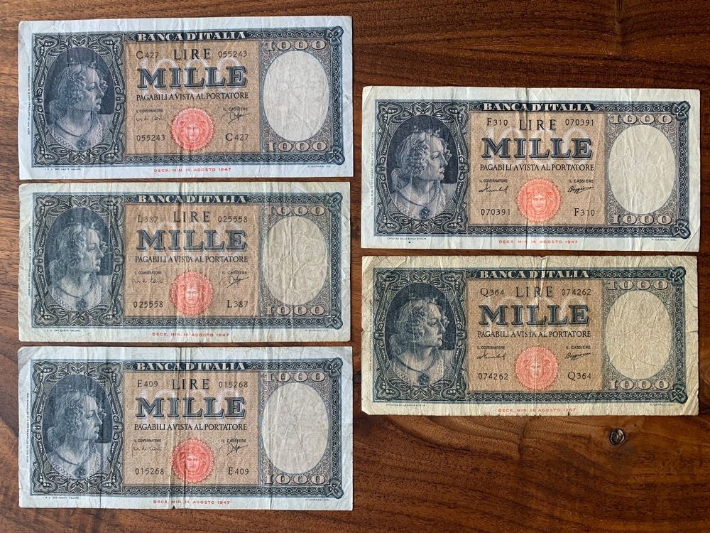 Banknote Italien 5 x 1000 Lire / 3 x 1961 & 2 x 1959 (Gebraucht) in ...