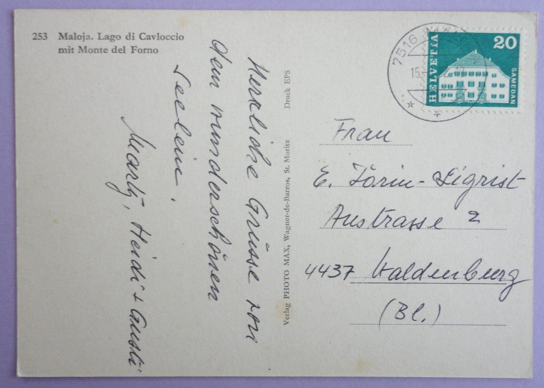 Cartoline postali: Maloja, Lago di Cavloccio – Usato da Fétigny venduto da Billy2miny 1