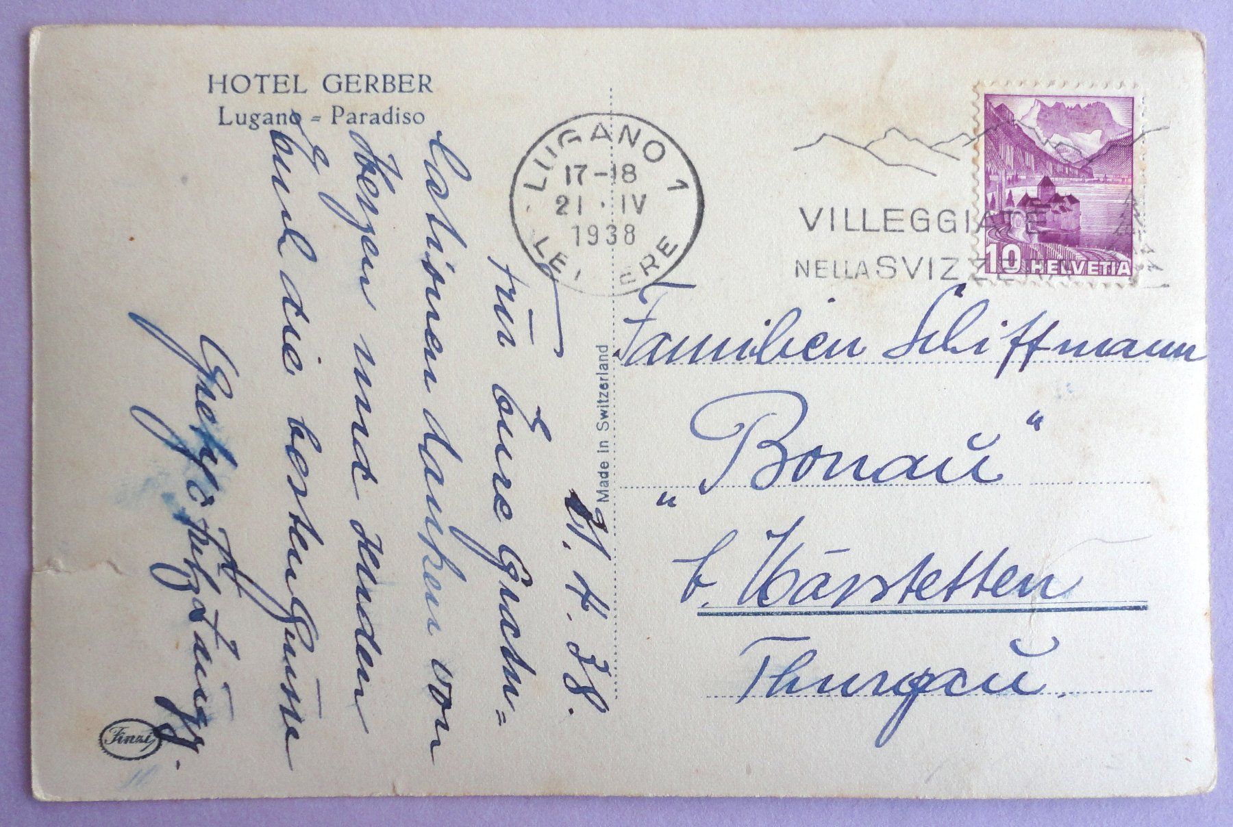 Cartes postales: Hotel Gerber, Lugano-Paradiso – Défectueux à Fétigny par Billy2miny 1