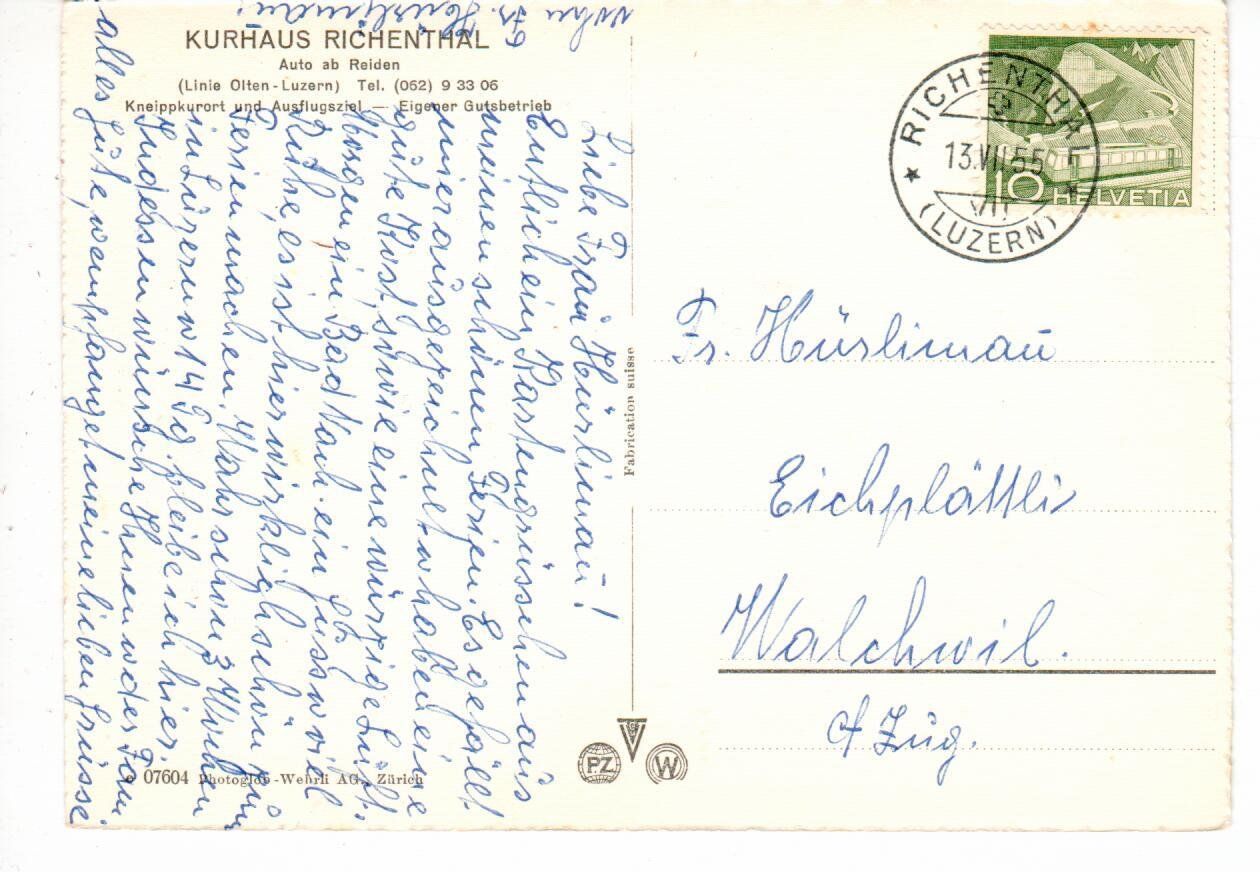 Cartoline postali: Kurhaus Richenthal  1955 – Usato da Wolhusen venduto da Curver9 1