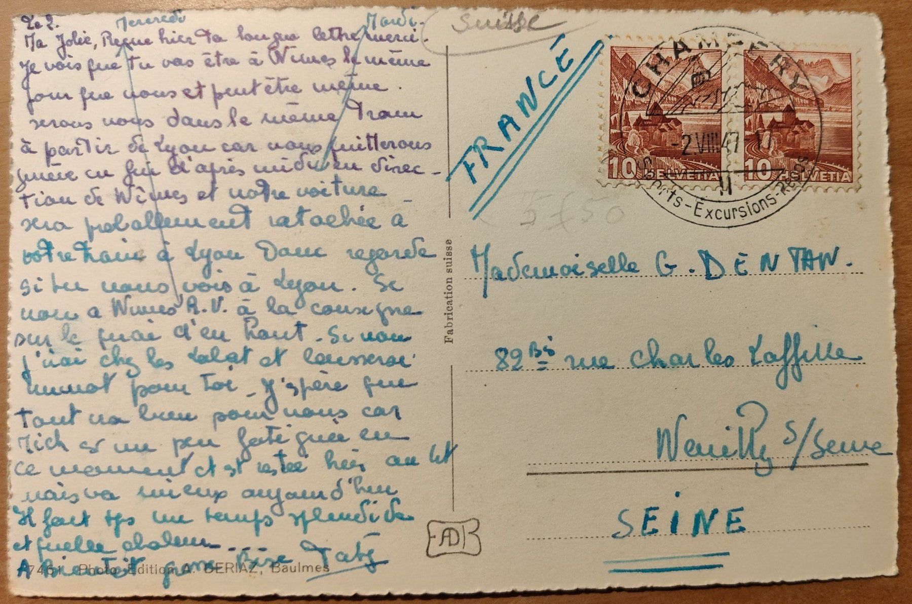 Ansichtskarten: Champery mit alten Autos und Postauto um 1945 – Gebraucht aus St. Erhard von Chaeferli6 1