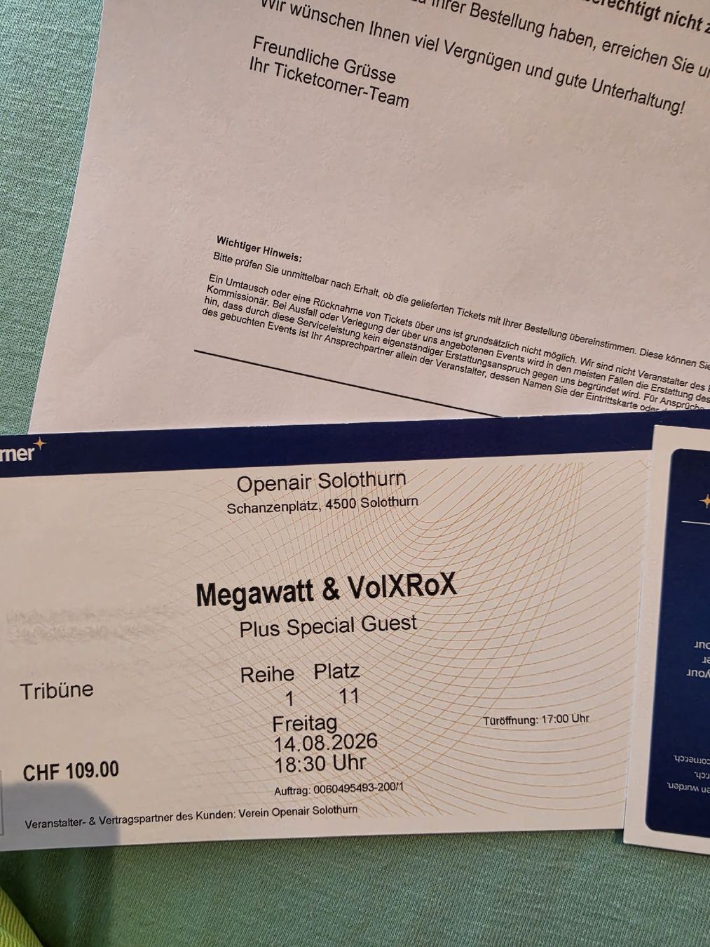 Biglietti: megawatt Open air solothurn 14.8.26 – Nuovo e nell'imballaggio originale da Balsthal venduto da 2010maus