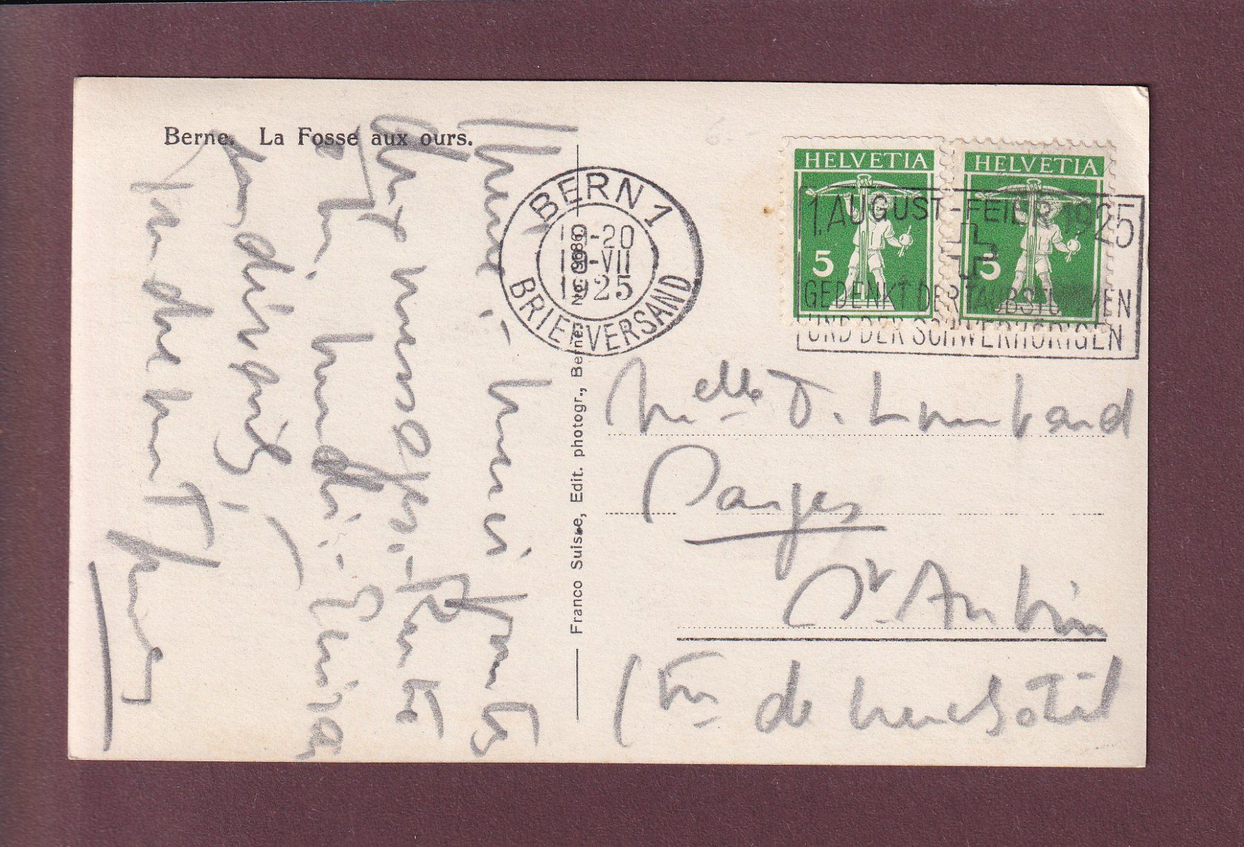 Cartoline postali: BERN - Bärengraben - 1925 – Usato da Pully venduto da nicecards 1