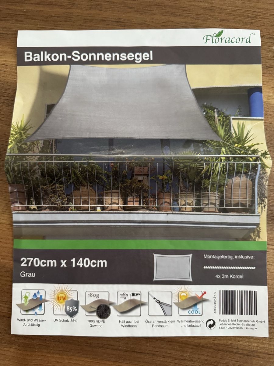 Markisen: Balkon-Sonnensegel 140 x 270 grau – Neu (gemäss Beschreibung) aus Bonstetten von Ckone1ch 1