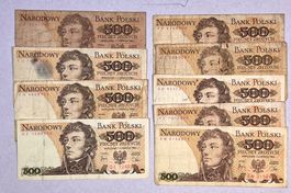 Seltene Banknoten: 9x 500 Zloty, Polen, Jahrgang 1982!