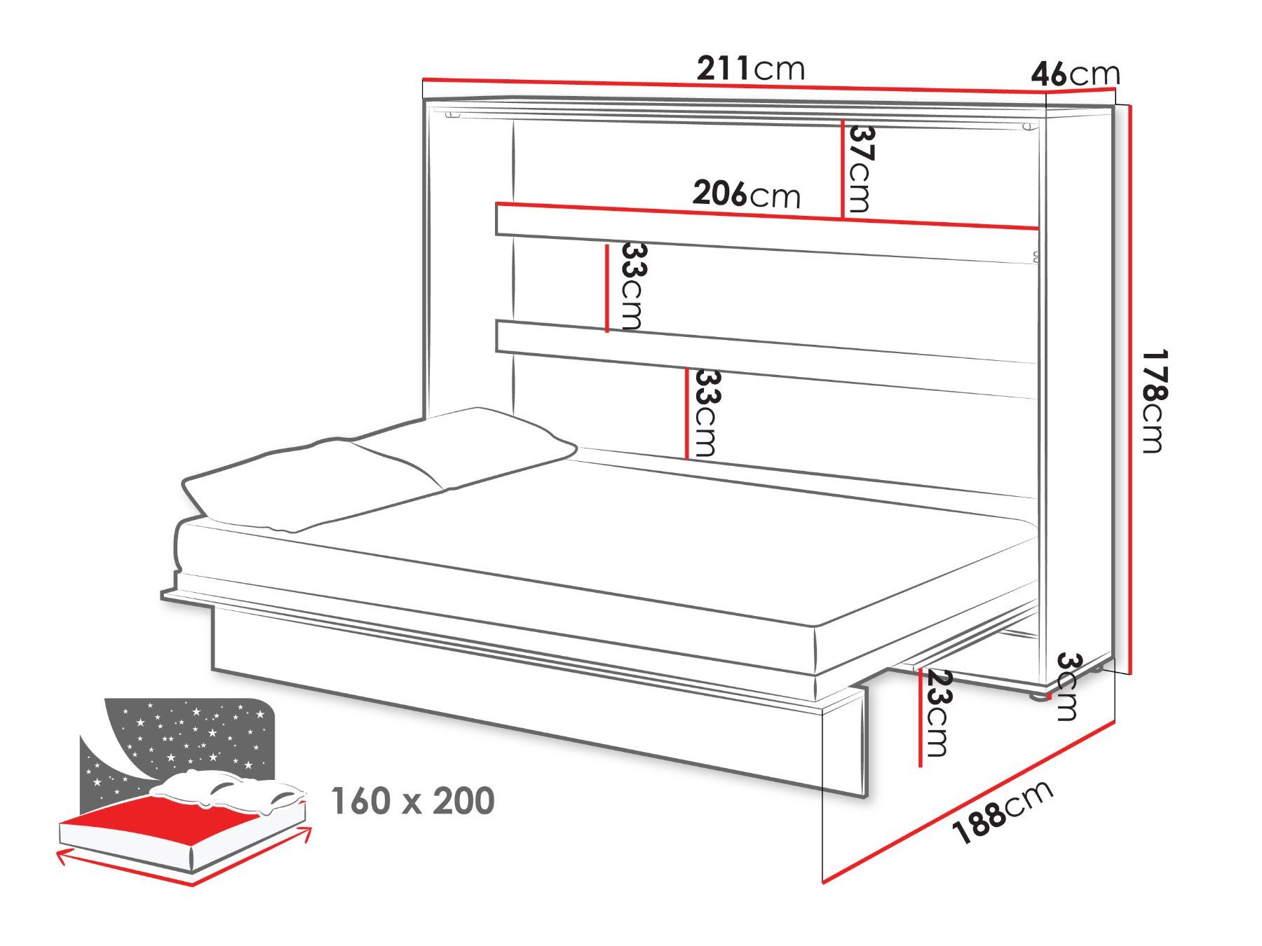 Letti: Schrankbett EDDY Horizontal Eiche + LED - 160x200cm – Nuovo e nell'imballaggio originale da Wallenwil venduto da toesstal-vertrieb 8