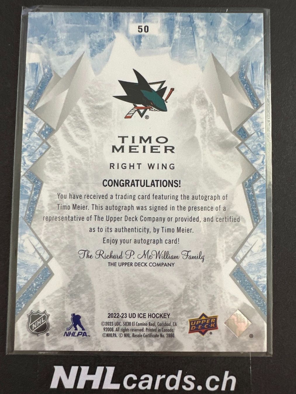 NHL Sammelbilder & Trading cards: Timo Meier NHL Ice White Snowflake Auto Card – Gebraucht aus Belp von nhlcards.ch 1