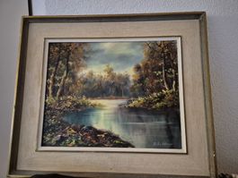 Peinture à l'huile vintage, paysage automnal encadré 🍁🖼️