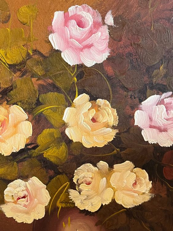 Gemälde: Blumenölgemälde, Rosen in Vase, Vintage Wandkunst – Gebraucht aus Basel von Kaffee_und_Kunst 3