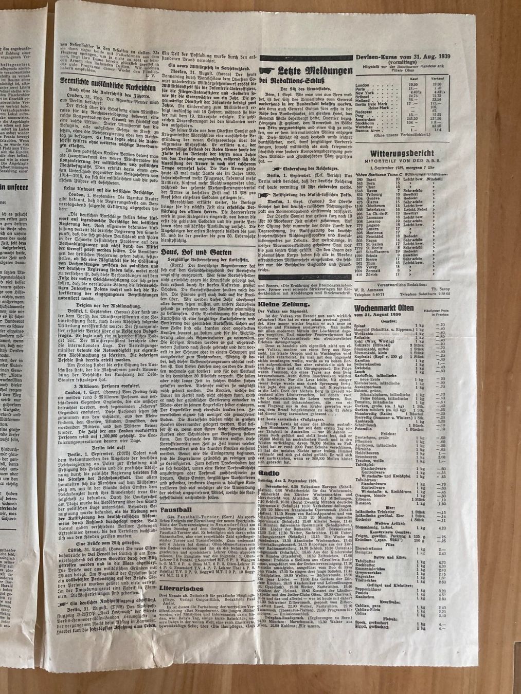 Riviste & Magazine: Oltner Tagblatt , Freitag 1. September 1939 – Usato da Subingen venduto da ArtBead 4
