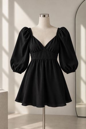 Damen Kleid schwarz Puffärmel V-Ausschnitt Grösse M