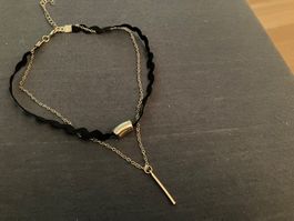 Schöne doppelreihige Choker Halskette, schwarz/goldfarben